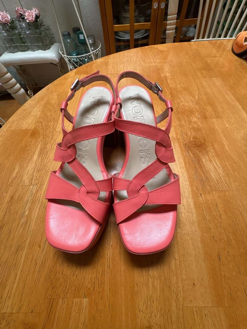 Wonders Coral Pink Leather Strappy Block Heel Sandals
